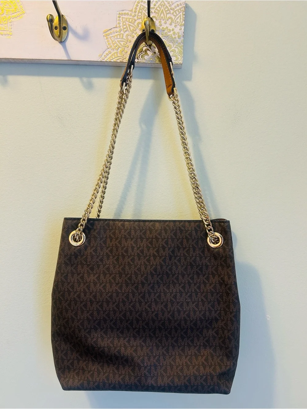 Michael Kors Dark Brown Signature Chain-Handle Tote